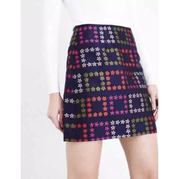 Ted Baker Horticultural Check Floral Jacquard Mini Skirt 2 Navy Colorful Mod 60s - Picture 1 of 9